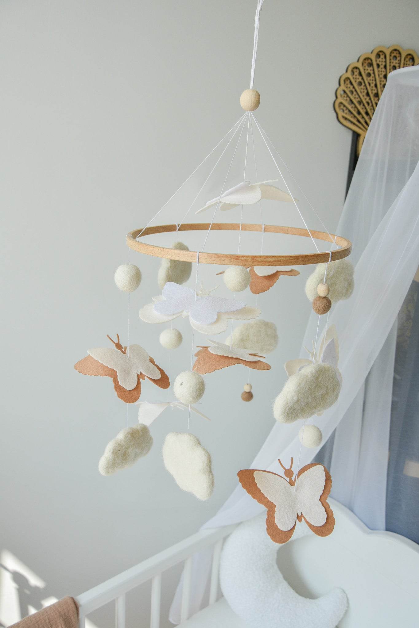 Fluffy felt clouds and butterflys handmade baby nursery mobile - Minidreams Decor