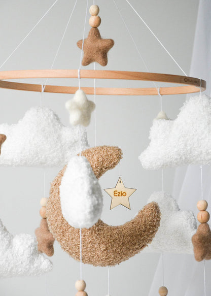 Boucle clouds and moon baby nursery mobile - Minidreams Decor