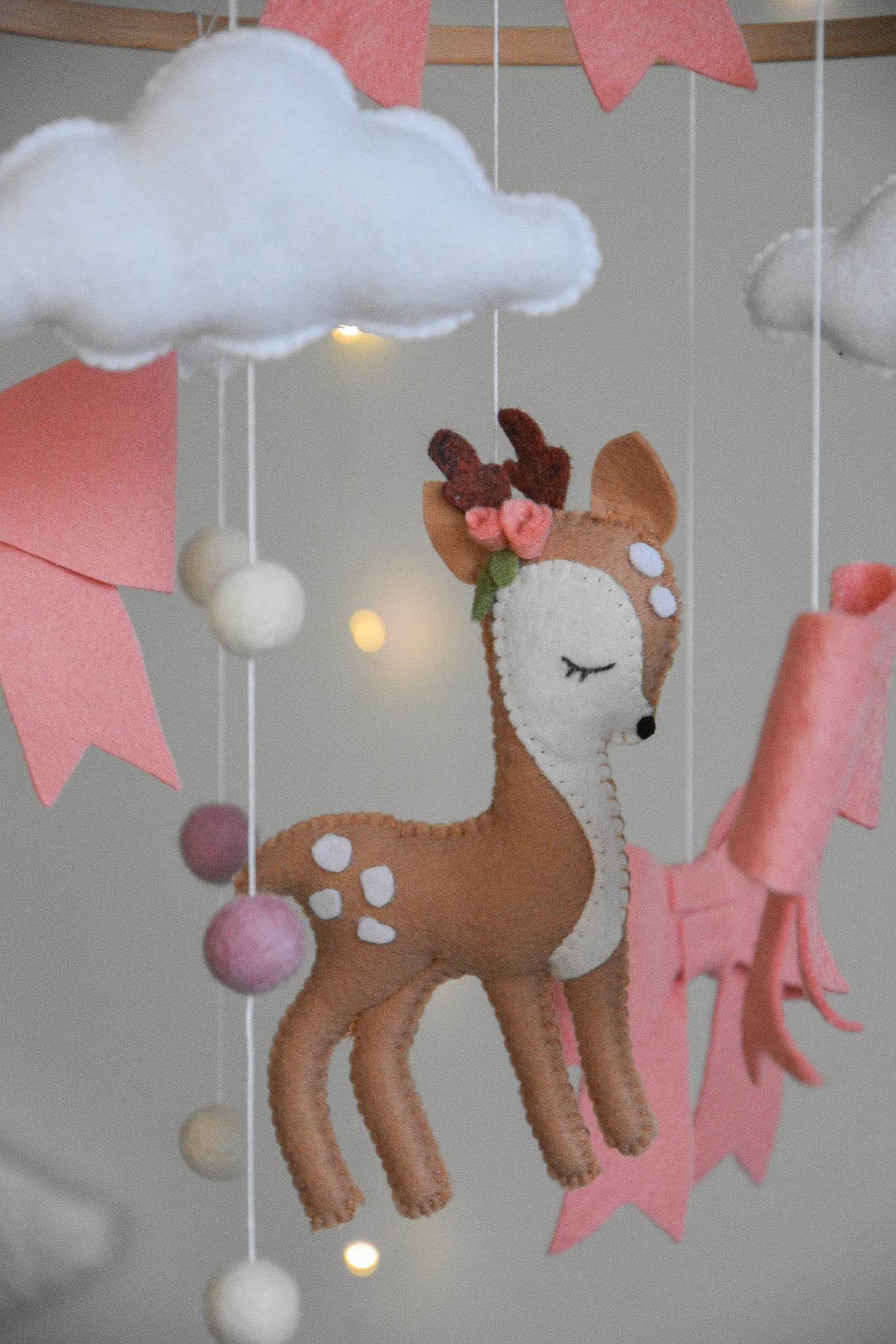 Cute Deer cloud and pink bows themed Baby crib Mobile - Minidreams Decor