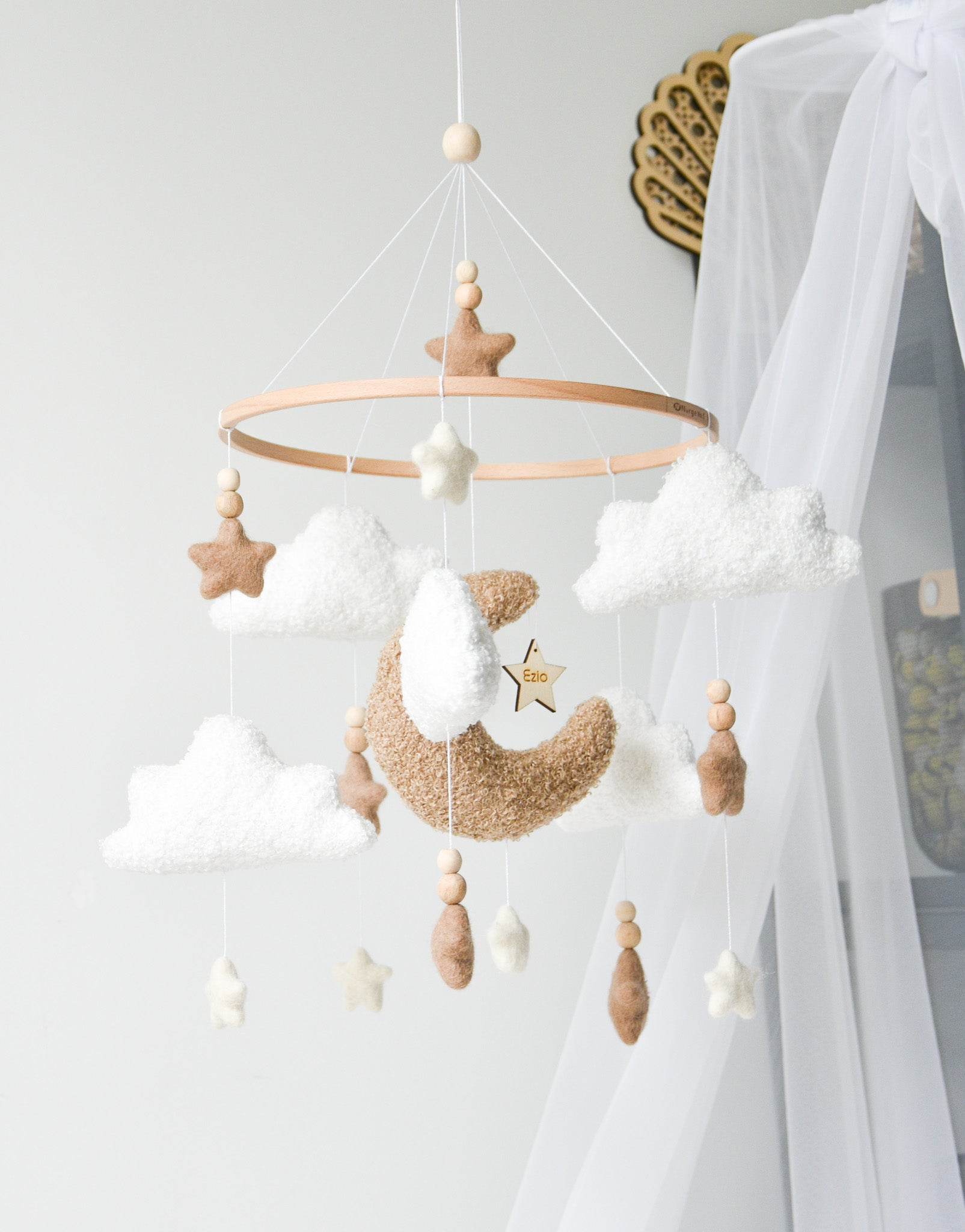 Boucle clouds and moon baby nursery mobile - Minidreams Decor