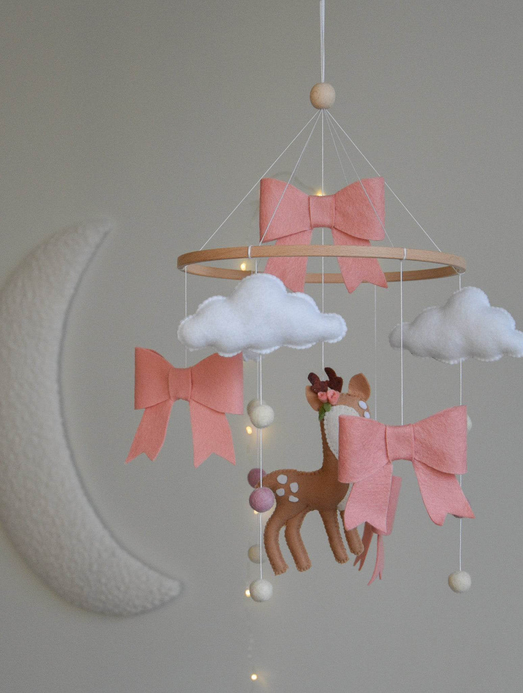Cute Deer cloud and pink bows themed Baby crib Mobile - Minidreams Decor