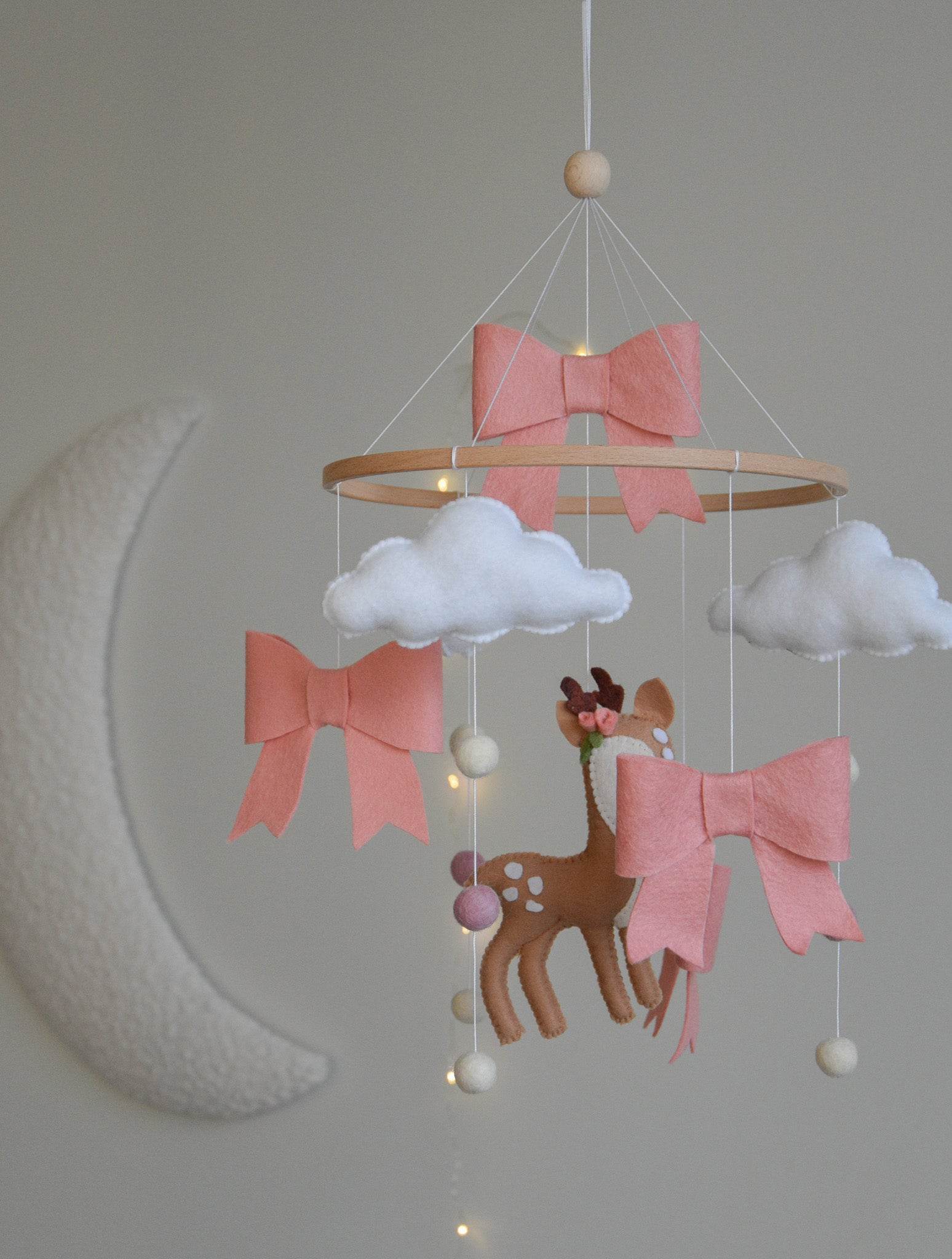 Cute Deer cloud and pink bows themed Baby crib Mobile - Minidreams Decor