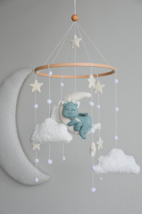 Dragon Boucle clouds and moon baby nursery mobile - Minidreams Decor
