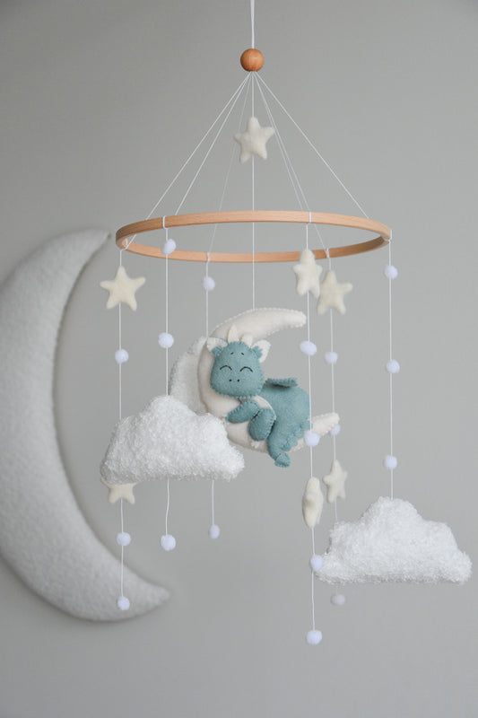 Dragon Boucle clouds and moon baby nursery mobile