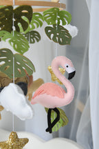 Safari mobile with offroad car, lion, zebra,, flamingos, elephants, monstera leaves, stars and clouds
