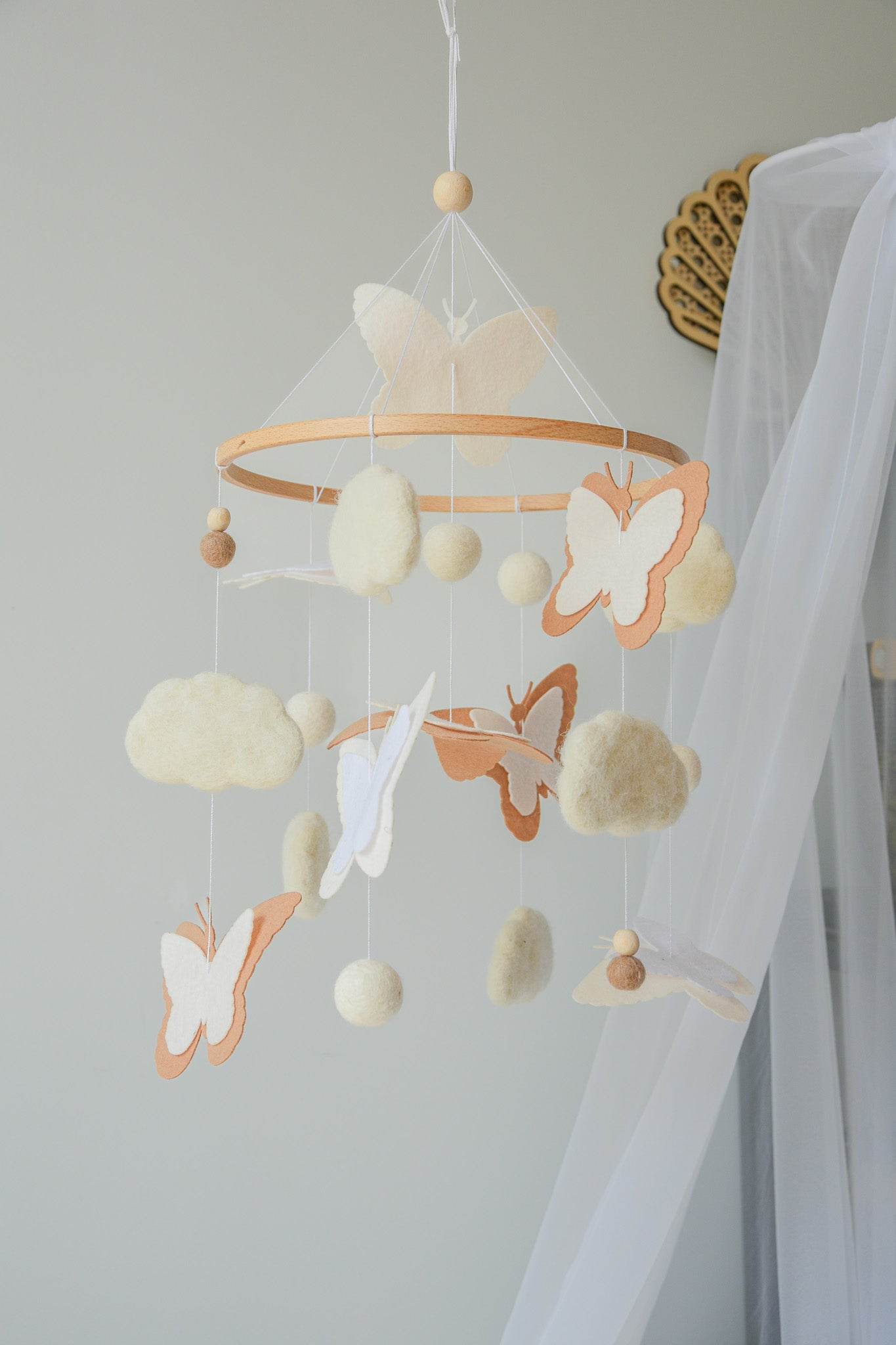 Fluffy felt clouds and butterflys handmade baby nursery mobile - Minidreams Decor