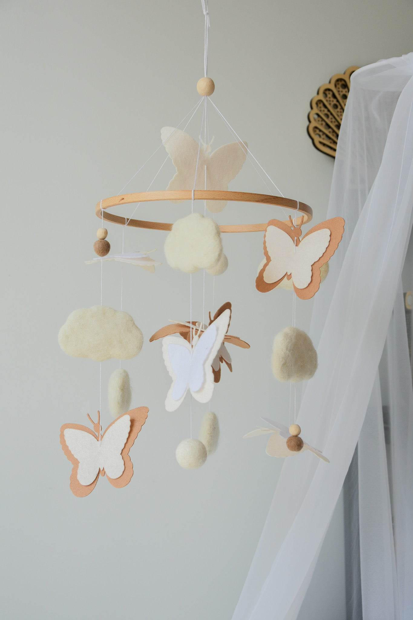 Fluffy felt clouds and butterflys handmade baby nursery mobile - Minidreams Decor