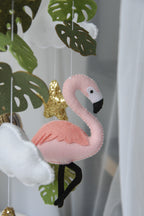 Safari mobile with offroad car, lion, zebra,, flamingos, elephants, monstera leaves, stars and clouds