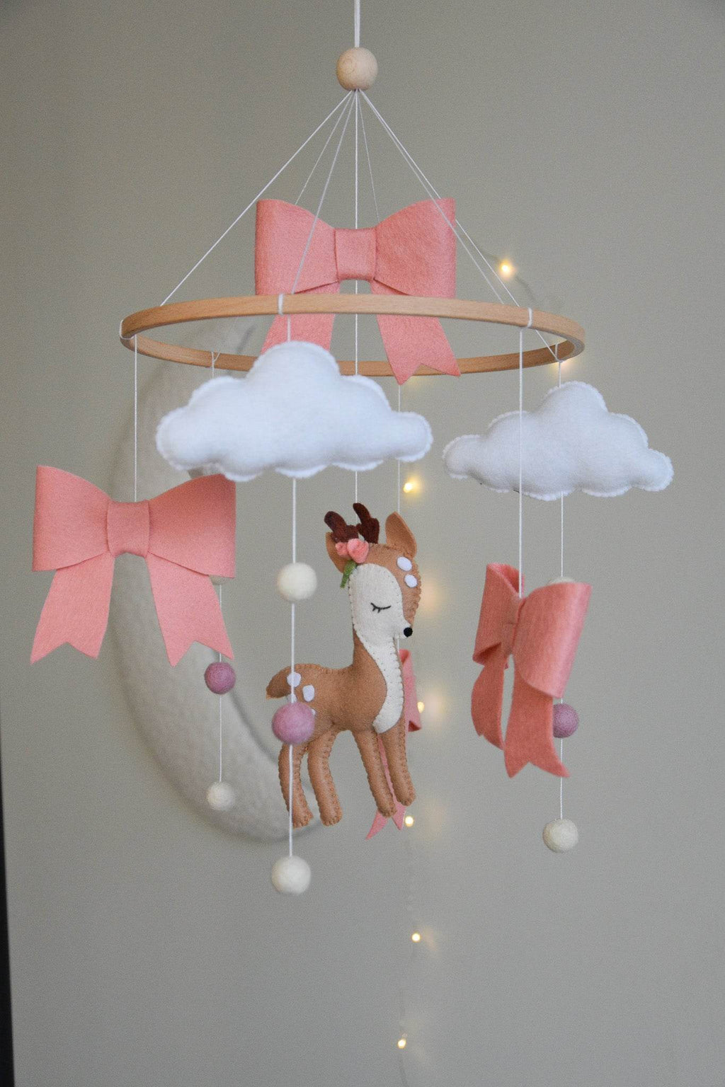 Cute Deer cloud and pink bows themed Baby crib Mobile - Minidreams Decor