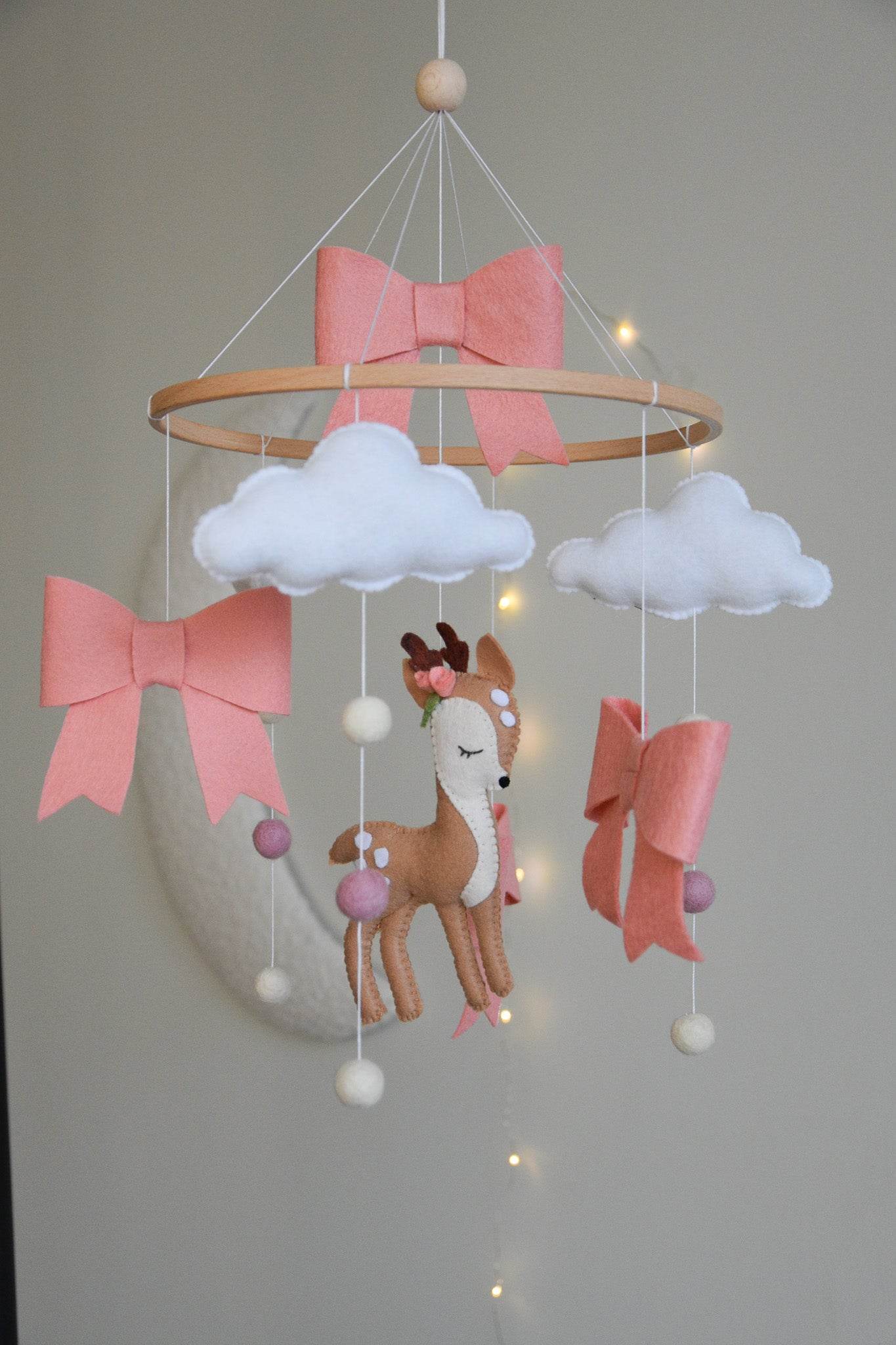 Cute Deer cloud and pink bows themed Baby crib Mobile - Minidreams Decor