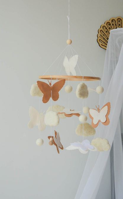 Fluffy felt clouds and butterflys handmade baby nursery mobile - Minidreams Decor
