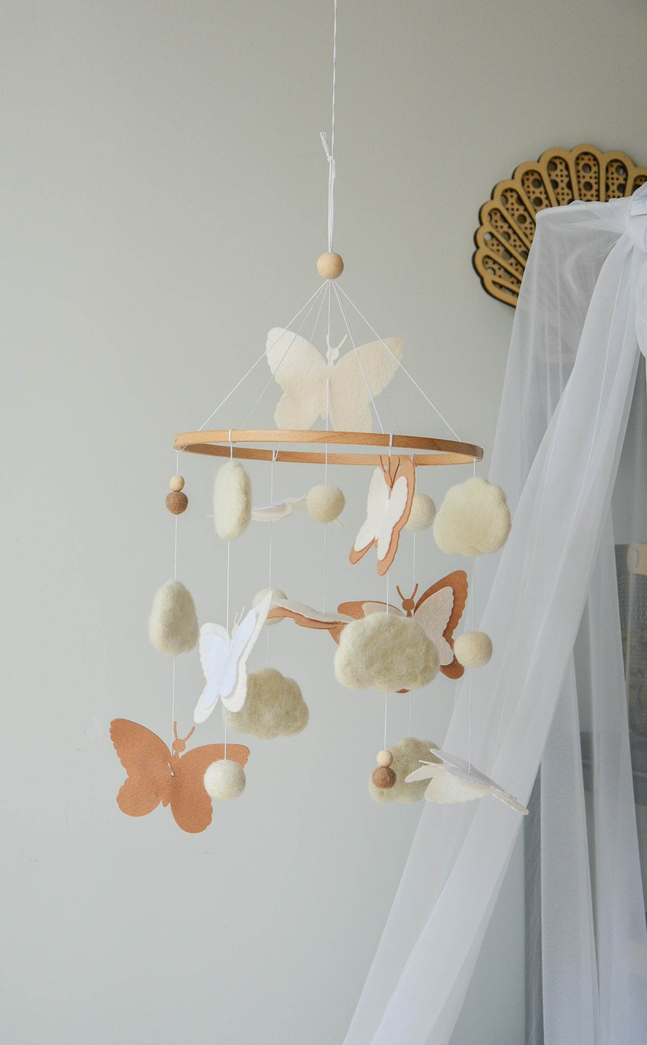 Fluffy felt clouds and butterflys handmade baby nursery mobile - Minidreams Decor