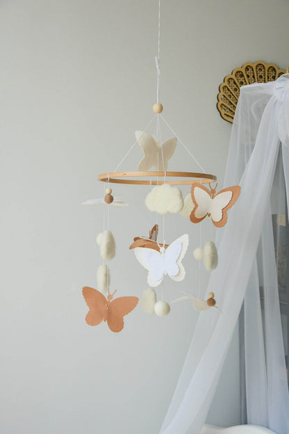 Fluffy felt clouds and butterflys handmade baby nursery mobile - Minidreams Decor