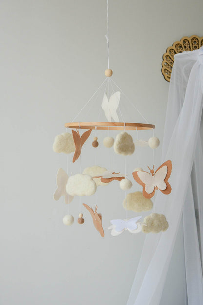 Fluffy felt clouds and butterflys handmade baby nursery mobile - Minidreams Decor