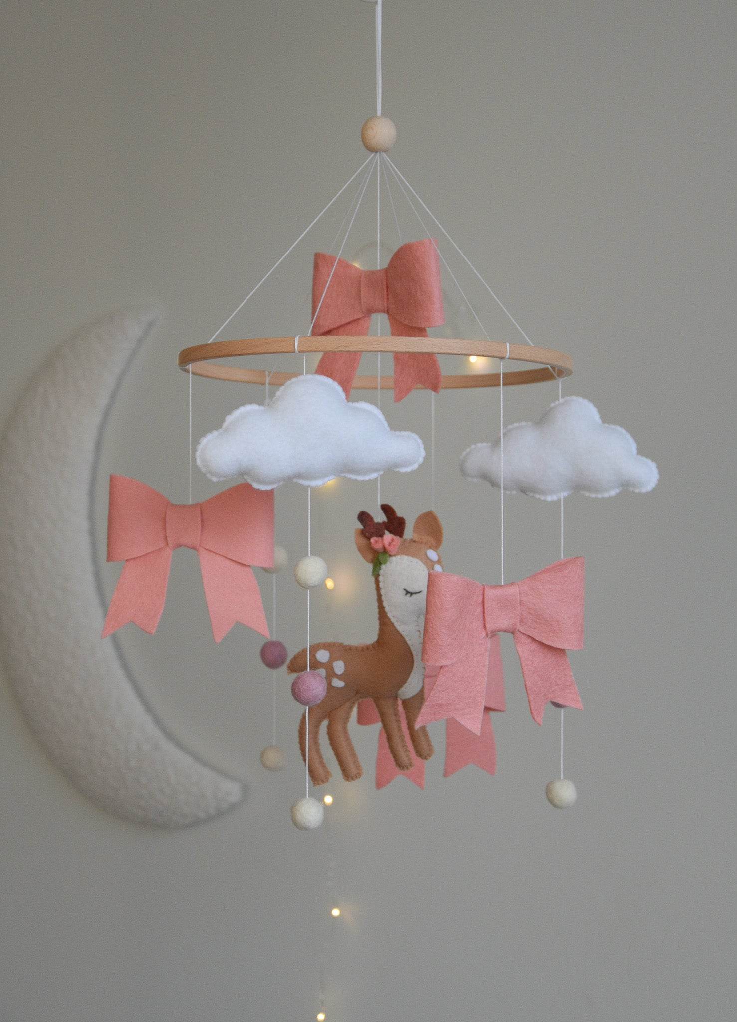 Cute Deer cloud and pink bows themed Baby crib Mobile - Minidreams Decor