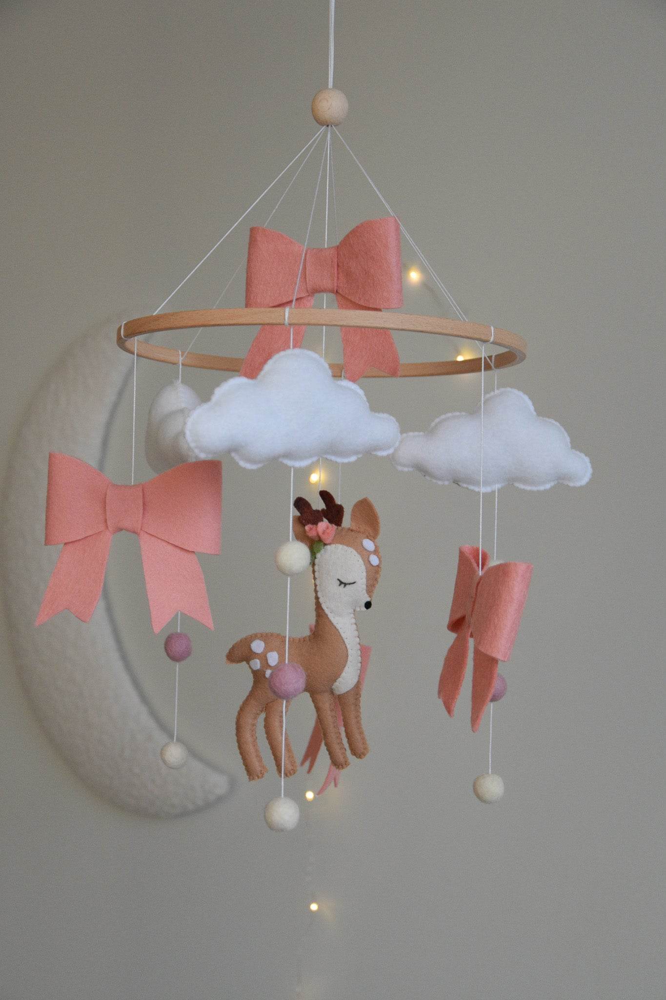 Cute Deer cloud and pink bows themed Baby crib Mobile - Minidreams Decor
