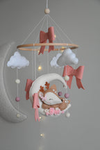 Cute Deer on the moon cloud and pink bows themed Baby crib Mobile - Minidreams Decor