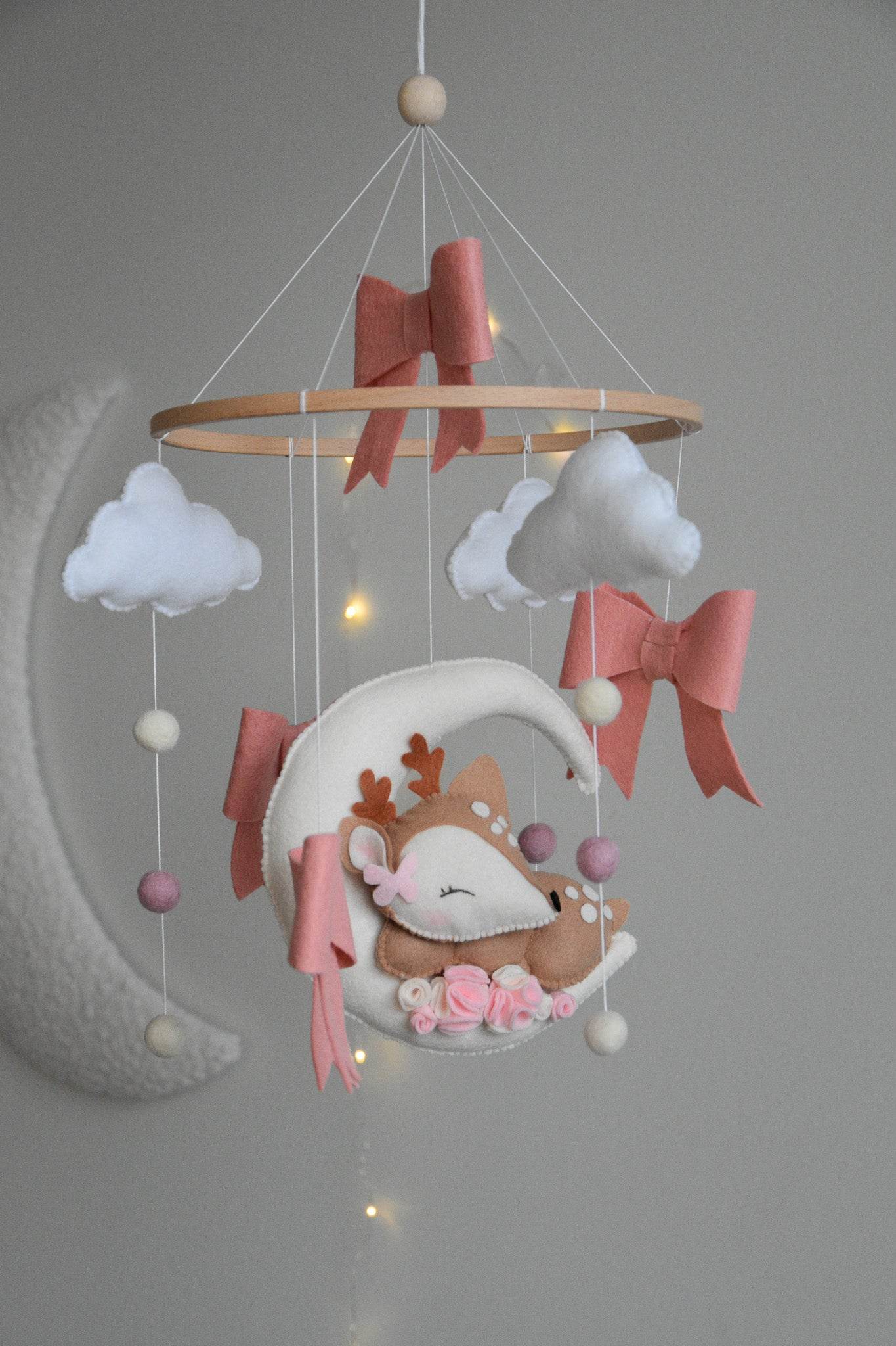 Cute Deer on the moon cloud and pink bows themed Baby crib Mobile - Minidreams Decor