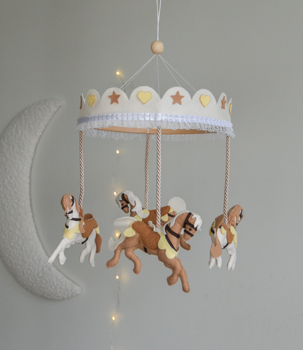 Vintage Horse Carousel Baby Mobile – Handmade Felt Crib Mobile
