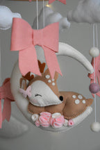 Cute Deer on the moon cloud and pink bows themed Baby crib Mobile - Minidreams Decor