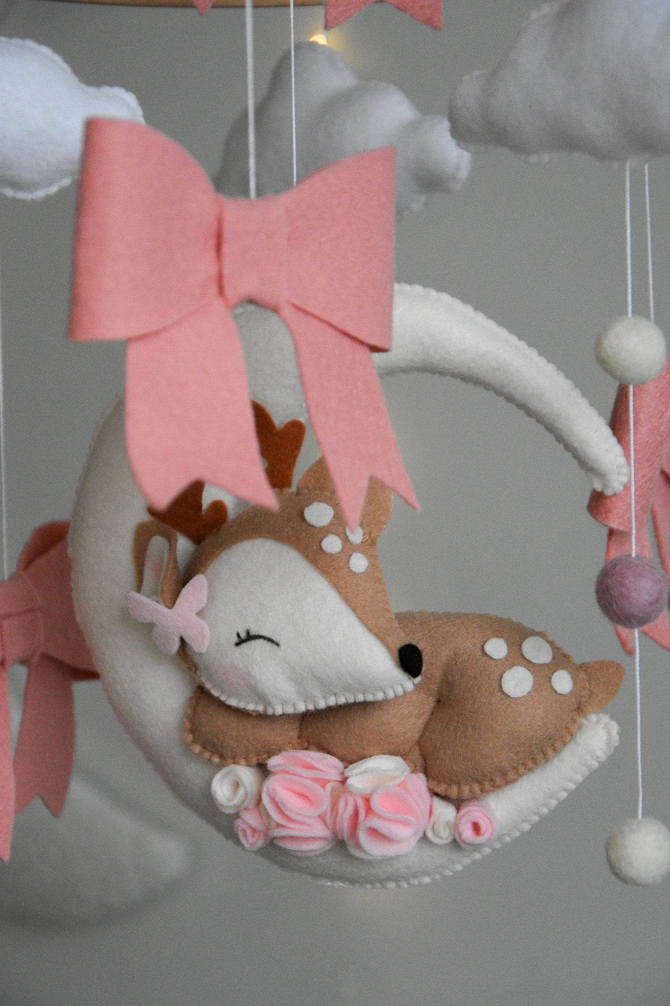 Cute Deer on the moon cloud and pink bows themed Baby crib Mobile - Minidreams Decor