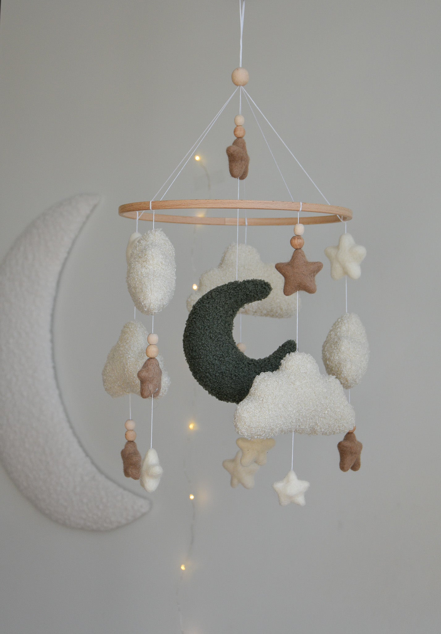 Boucle clouds and moon baby nursery mobile