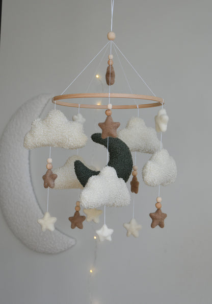 Boucle clouds and moon baby nursery mobile