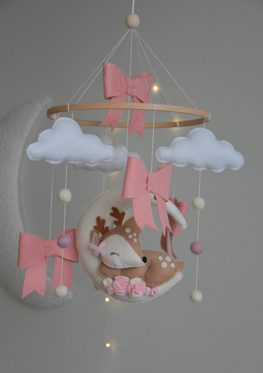 Cute Deer on the moon cloud and pink bows themed Baby crib Mobile - Minidreams Decor