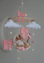 Cute Deer on the moon cloud and pink bows themed Baby crib Mobile - Minidreams Decor