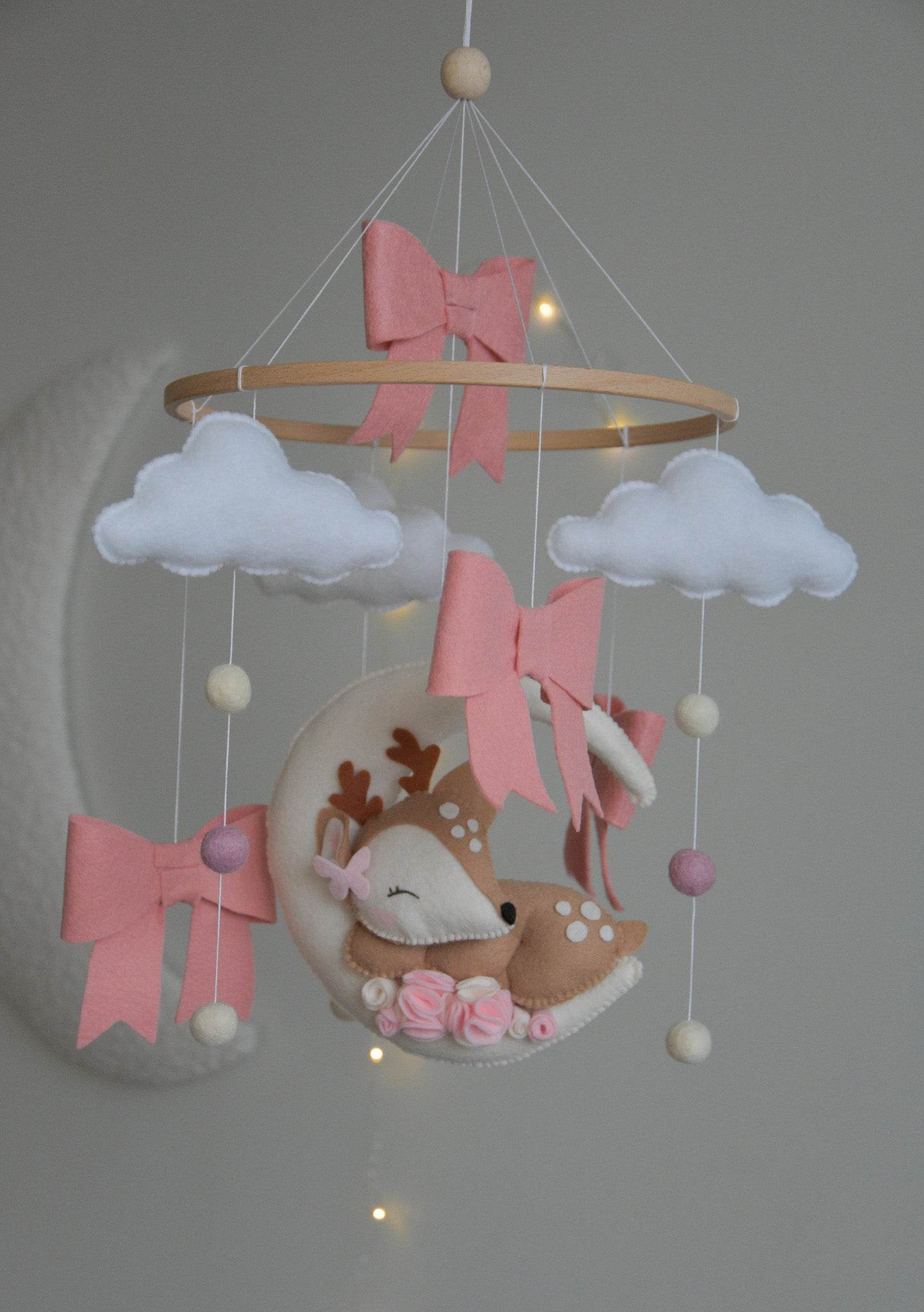 Cute Deer on the moon cloud and pink bows themed Baby crib Mobile - Minidreams Decor