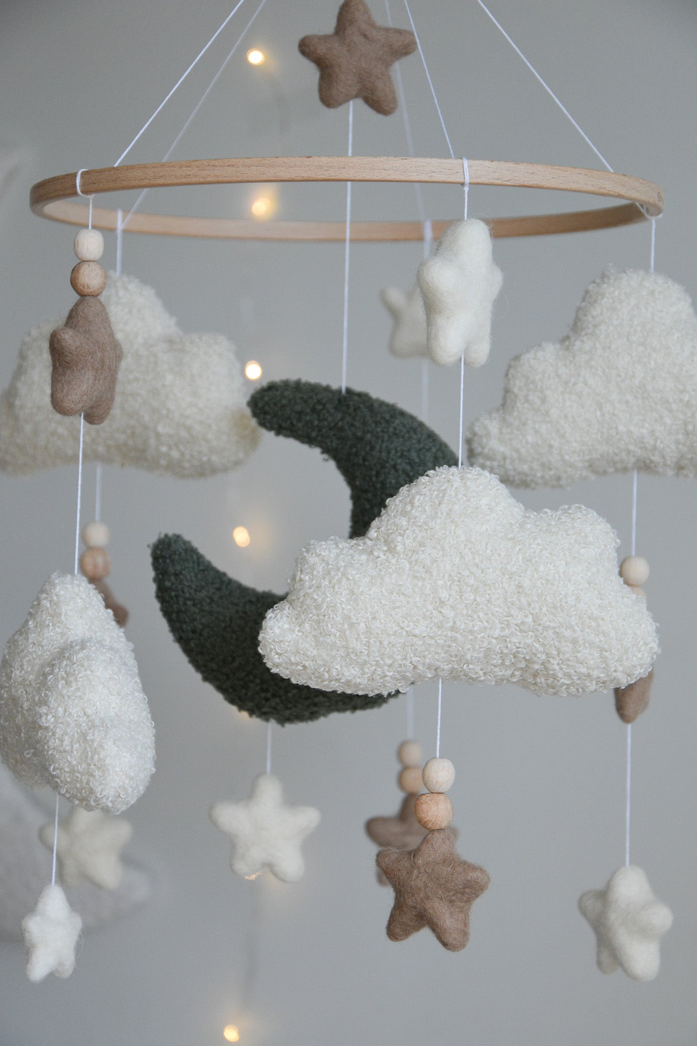 Boucle clouds and moon baby nursery mobile