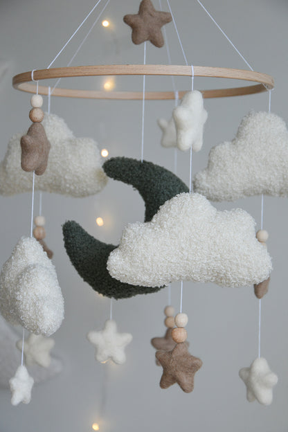 Boucle clouds and moon baby nursery mobile