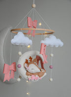 Cute Deer on the moon cloud and pink bows themed Baby crib Mobile - Minidreams Decor