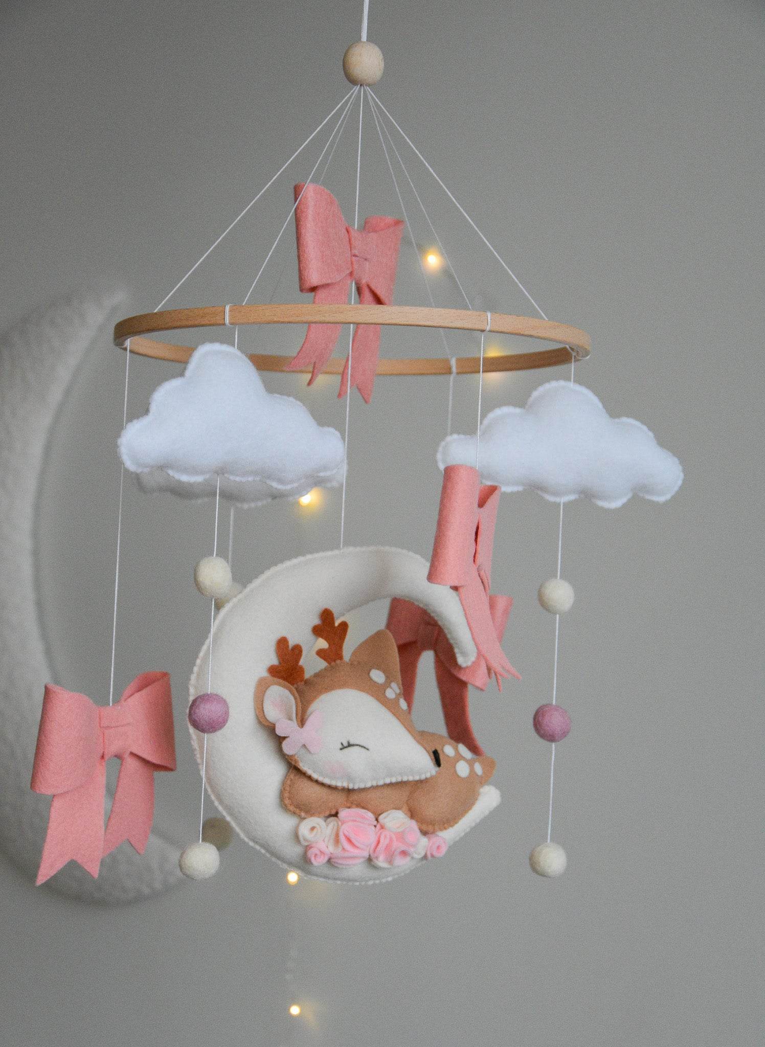 Cute Deer on the moon cloud and pink bows themed Baby crib Mobile - Minidreams Decor