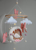 Cute Deer on the moon cloud and pink bows themed Baby crib Mobile - Minidreams Decor