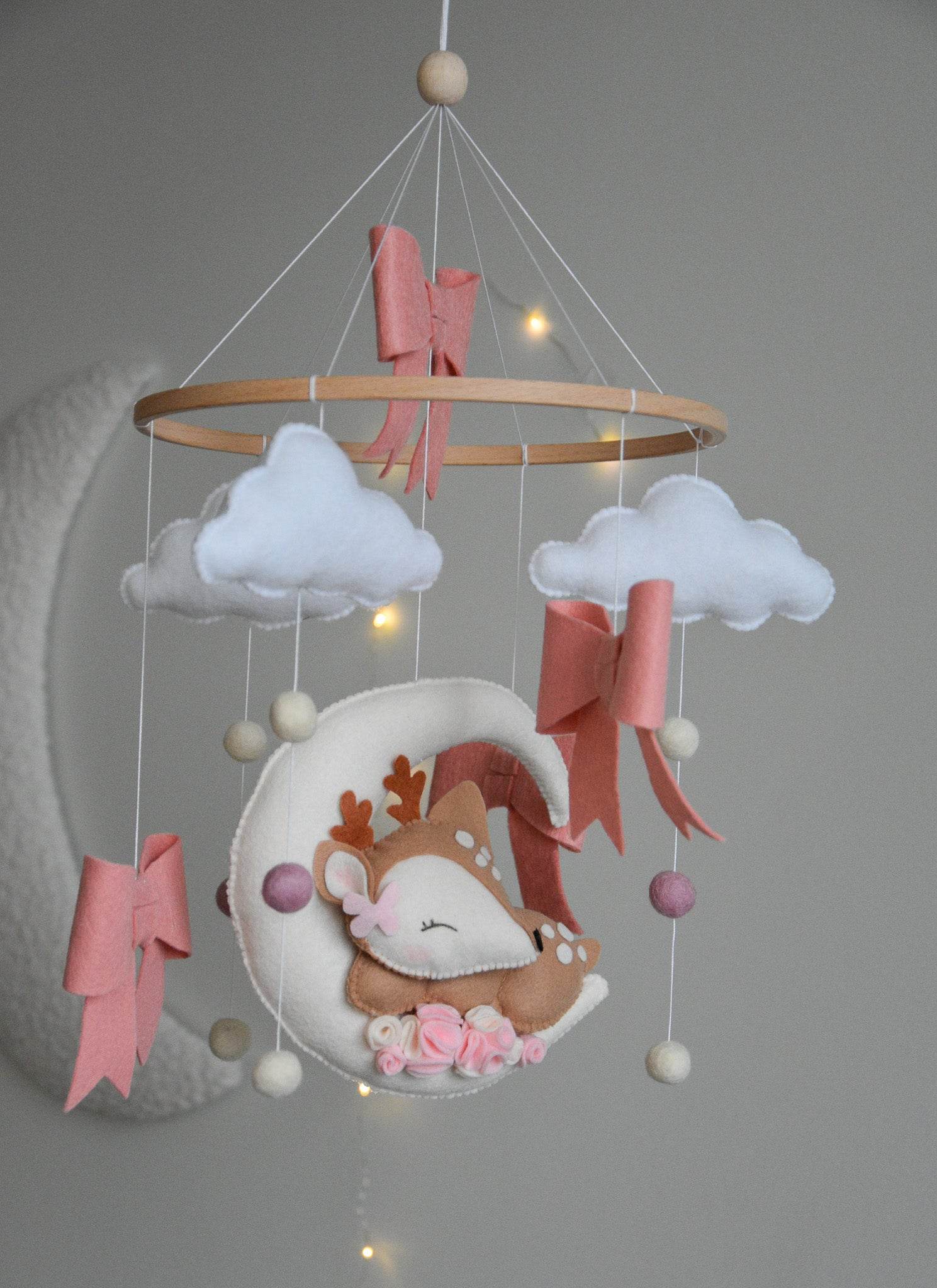 Cute Deer on the moon cloud and pink bows themed Baby crib Mobile - Minidreams Decor