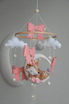Cute Deer on the moon cloud and pink bows themed Baby crib Mobile - Minidreams Decor