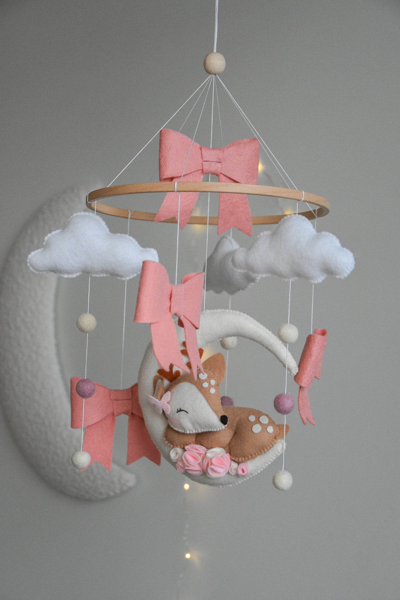 Cute Deer on the moon cloud and pink bows themed Baby crib Mobile - Minidreams Decor
