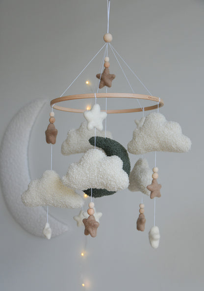 Boucle clouds and moon baby nursery mobile