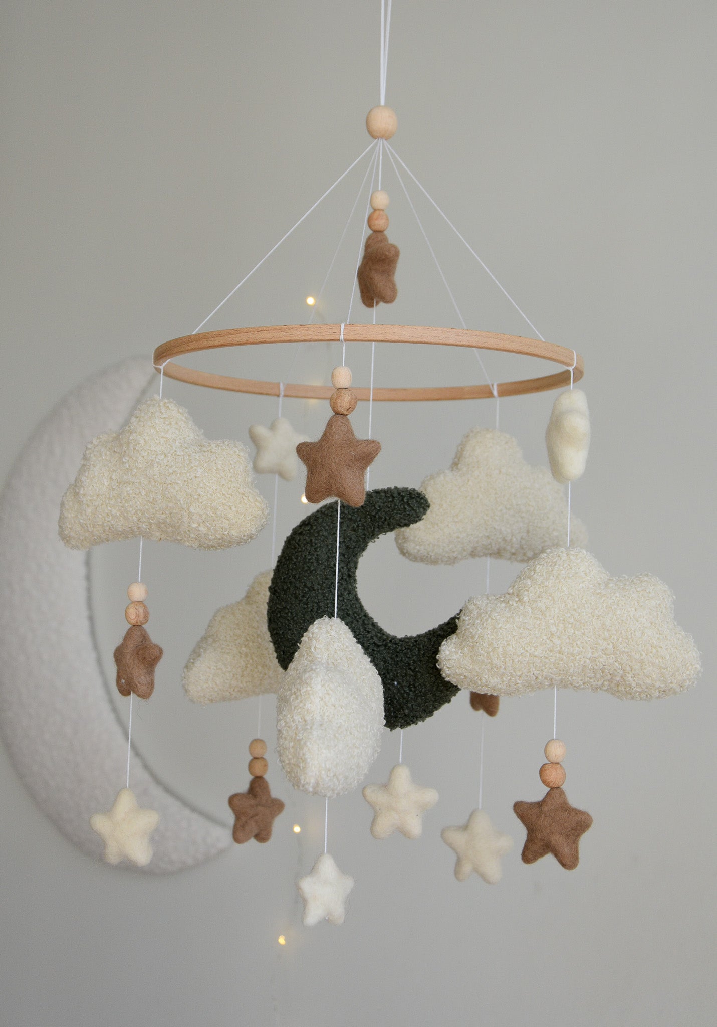 Boucle clouds and moon baby nursery mobile