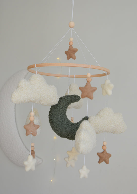 Boucle clouds and moon baby nursery mobile