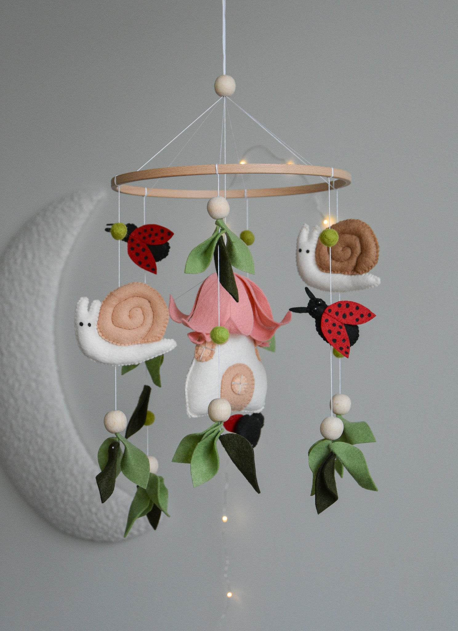 Woodland Fairy Forest Themed Baby crib Mobile, snail nursery, ladybug floral decor - Minidreams Decor