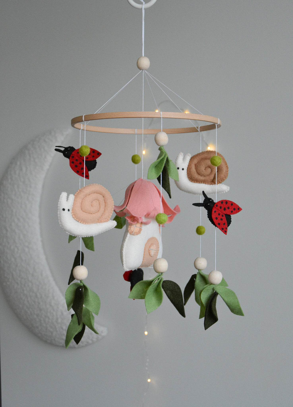 Woodland Fairy Forest Themed Baby crib Mobile, snail nursery, ladybug floral decor - Minidreams Decor