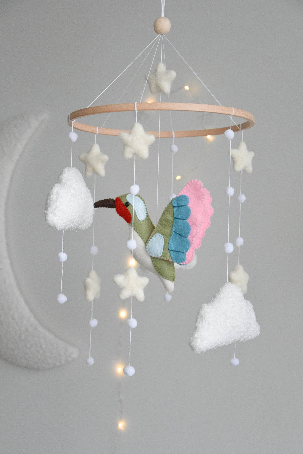 Hummingbird and boucle clouds baby nursery mobile - Minidreams Decor