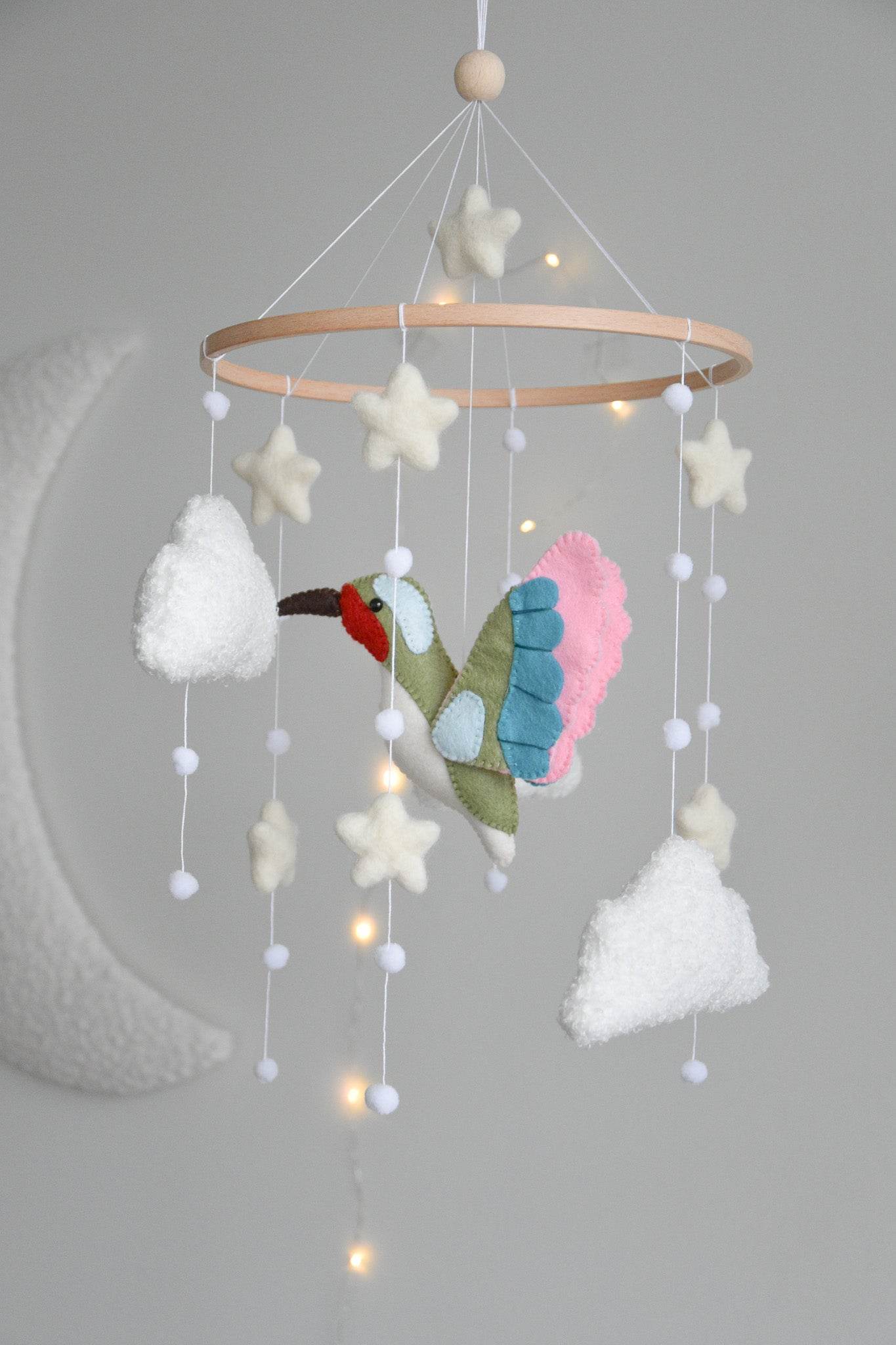 Hummingbird and boucle clouds baby nursery mobile - Minidreams Decor