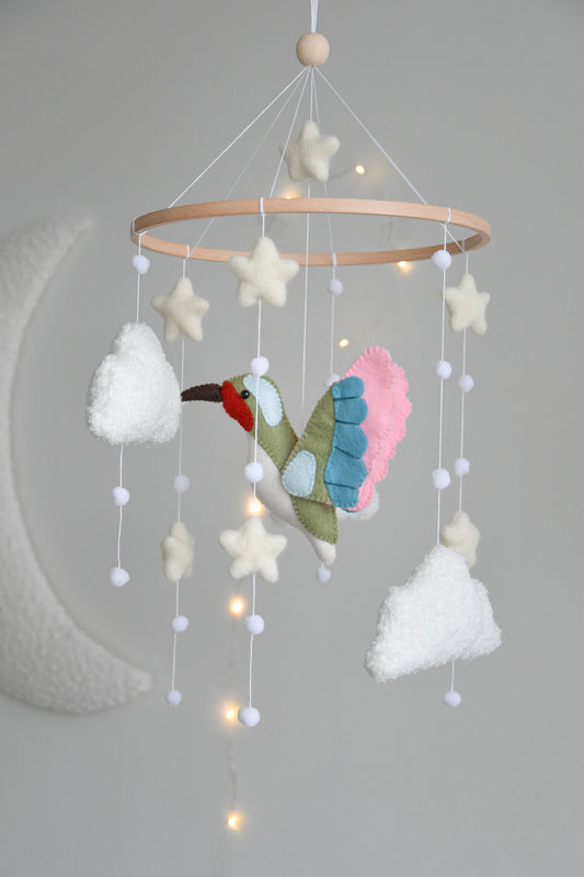 Hummingbird and boucle clouds baby nursery mobile