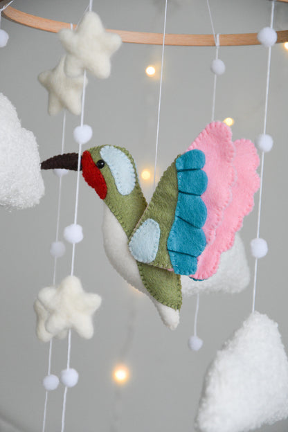 Hummingbird and boucle clouds baby nursery mobile