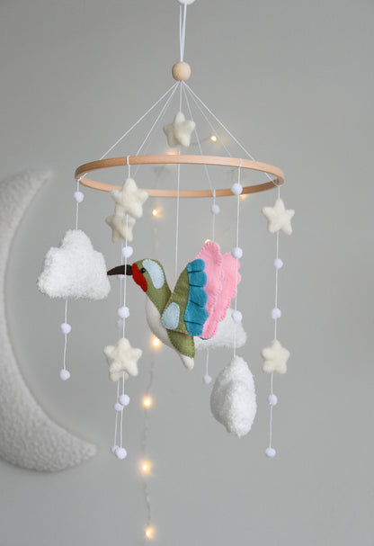 Hummingbird and boucle clouds baby nursery mobile