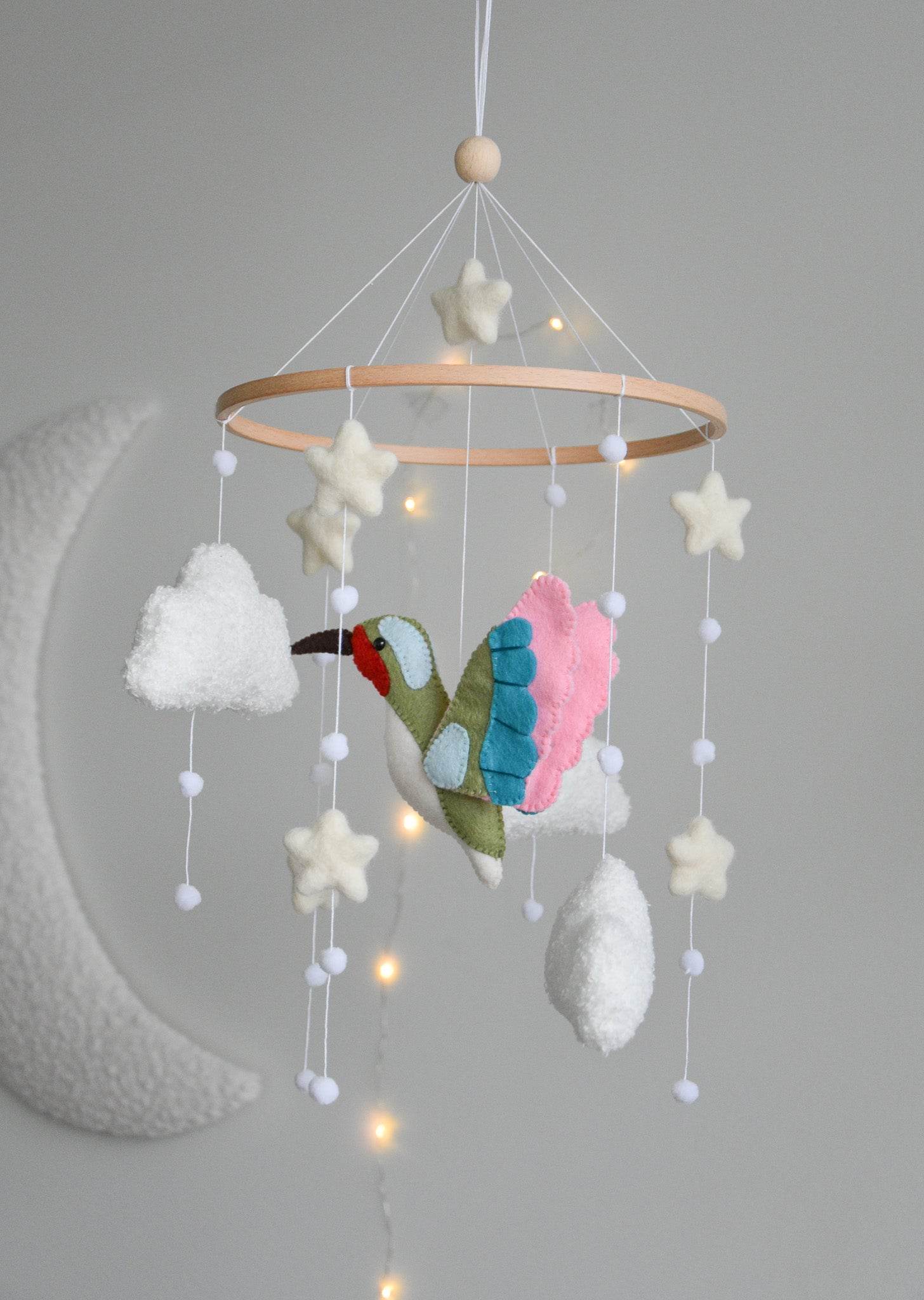 Hummingbird and boucle clouds baby nursery mobile - Minidreams Decor