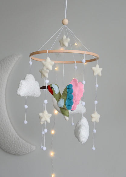 Hummingbird and boucle clouds baby nursery mobile